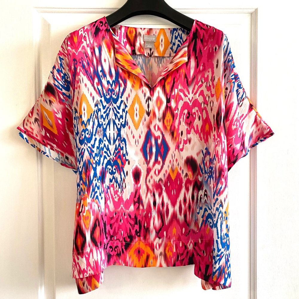 CHICO'S Multicolor Ikat Print Split-Neckline Dolman Short Sleeve Blouse